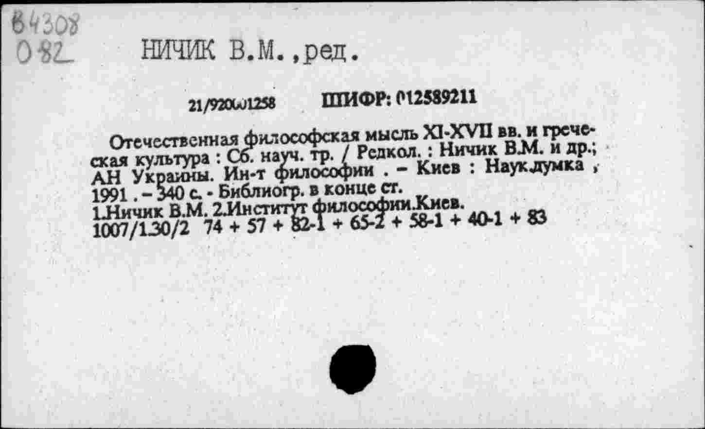 ﻿0$2_ НИЧИК В.М.,ред.
21/92оил258 ШИФР: 012589211
Отечественная философская мысль ХЬХУП вв. и греческая культура : Сб. науч. тр. / Рсдкол.: НичикШи др.; АН Украины. Ин-т философии . — Киев . Наукдумка ,• 1991. - 340 с. • Библиогр. в конце ст.
ЪНичик В.М. 2.Институт философии.Киев. 1007/130/2 74 + 57 + 82-1 + 65-2 + 58-1 + 40-1 + ©